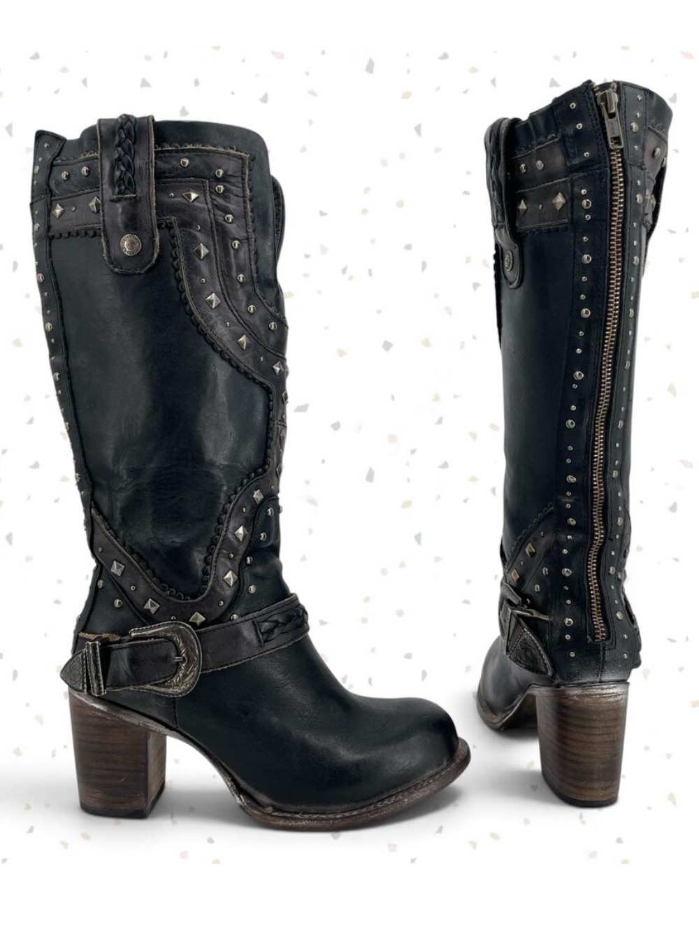 Freebird By Steven Cormac Black Leather Studded Boots Western Boho Edgy Size 7